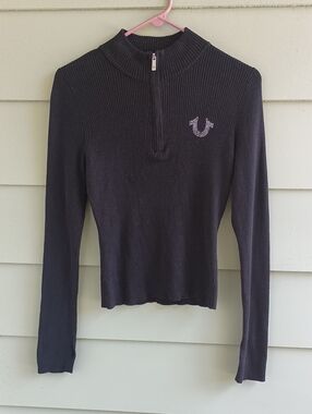 True Religion Womens Black Ribbed 1/4 Zip Mock Neck Sweater Long Sleeve Sz Med